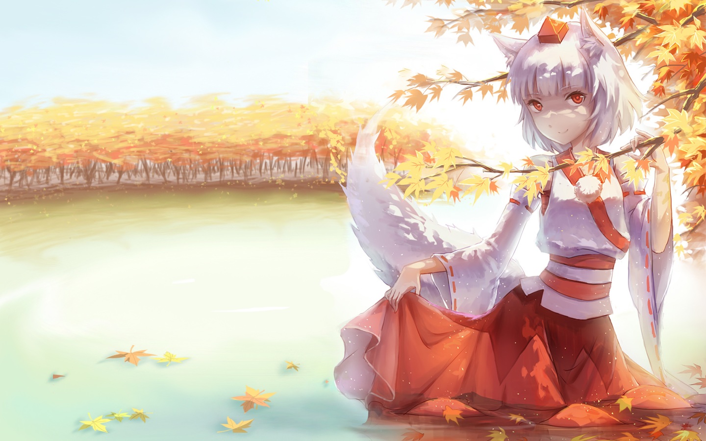 a_luo, animal_ears, autumn, forest, hat, inubashiri_momiji, leaves, red_eyes