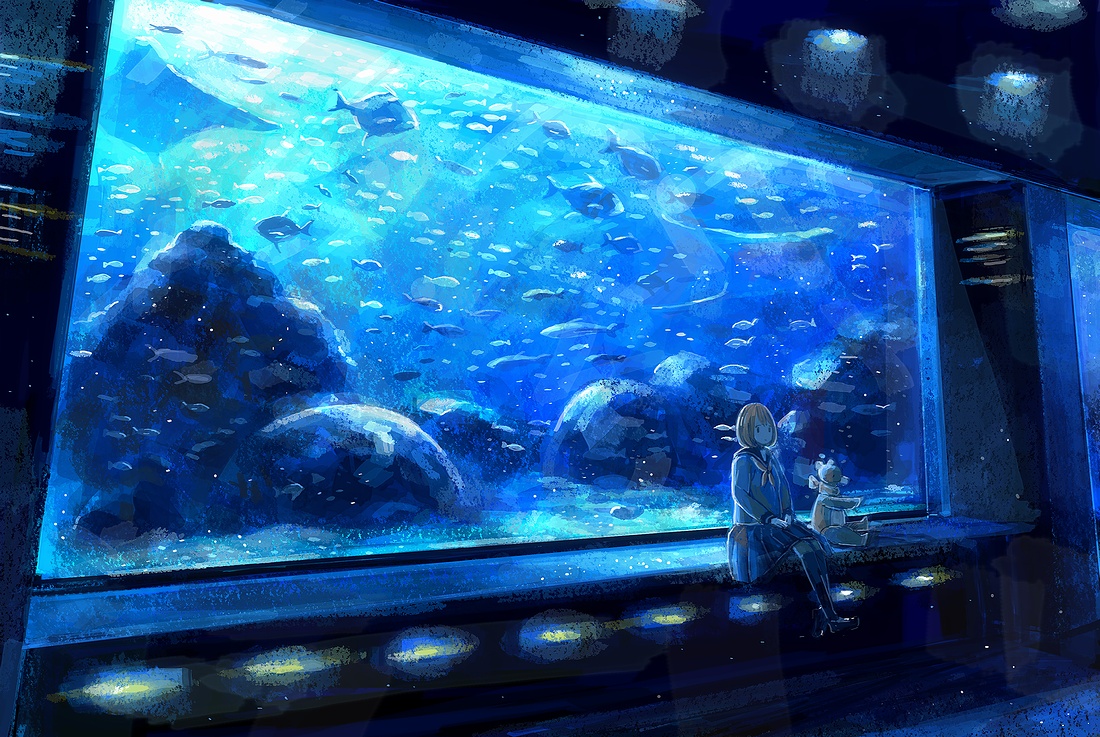animal, blue, brown_hair, fish, kneehighs, nomiya_(no_38), original, scenic