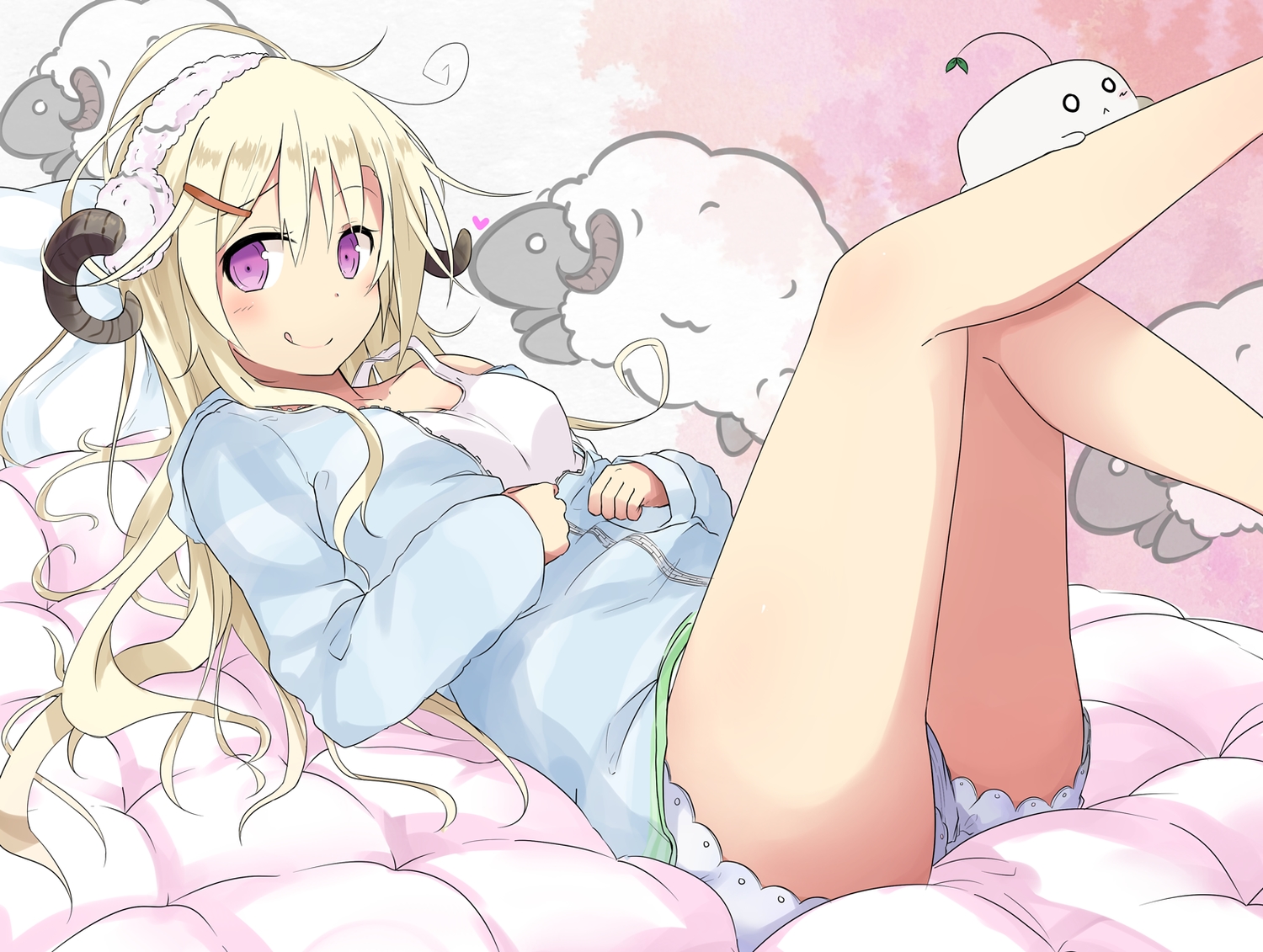 animal, blonde_hair, blush, horns, original, pink_eyes, sasahara_wakaba, sheep