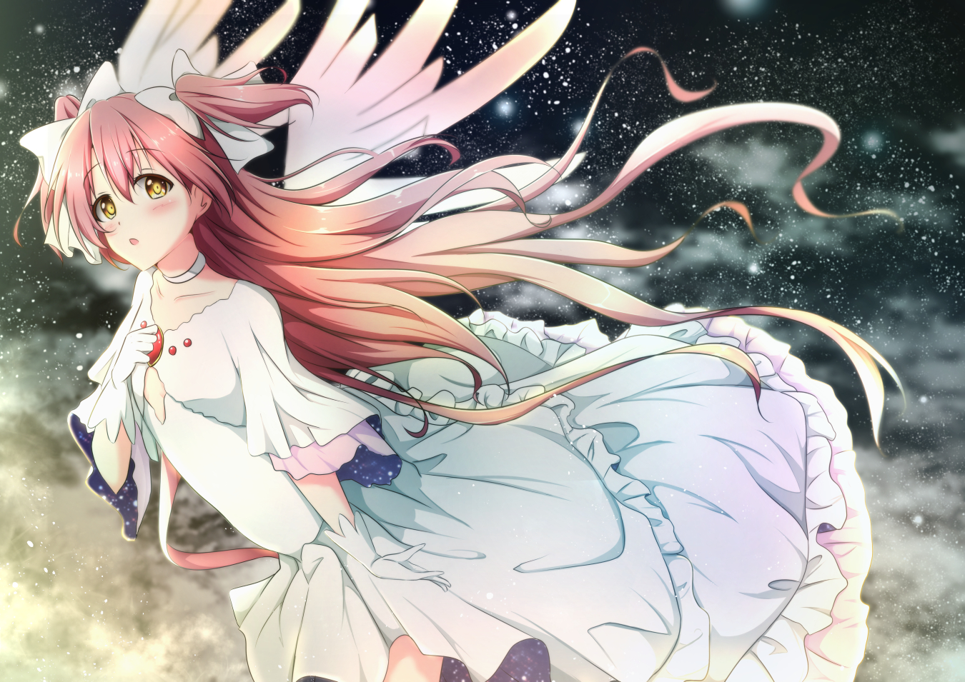dress, gloves, kaname_madoka, long_hair, mahou_shoujo_madoka_magica, mahou_shoujo_madoka_magica_movie, pink_hair, shiina_kuro