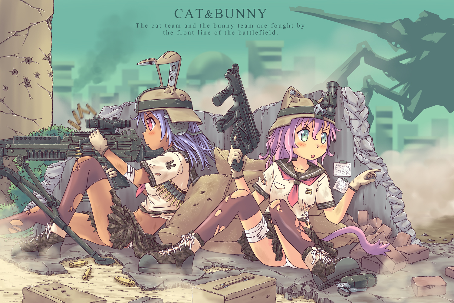 2girls, aki_(akisora_hiyori), animal_ears, bandage, blue_hair, gloves, green_eyes, gun