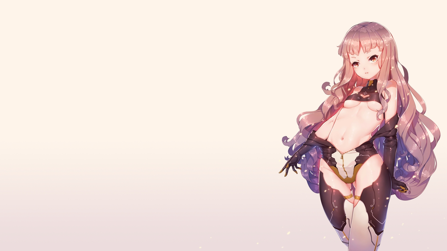 bodysuit, breasts, brown_eyes, brown_hair, gradient, hokou_sakuran, long_hair, navel