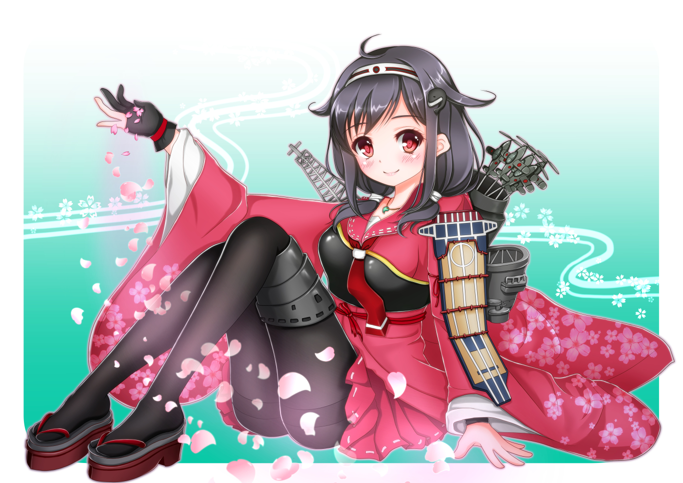 aliasing, anthropomorphism, blush, japanese_clothes, kantai_collection, kimono, kojiro_d, pantyhose, petals, purple_hair, red_eyes, ryuuhou_(kancolle), taigei_(kancolle), tie, twintails