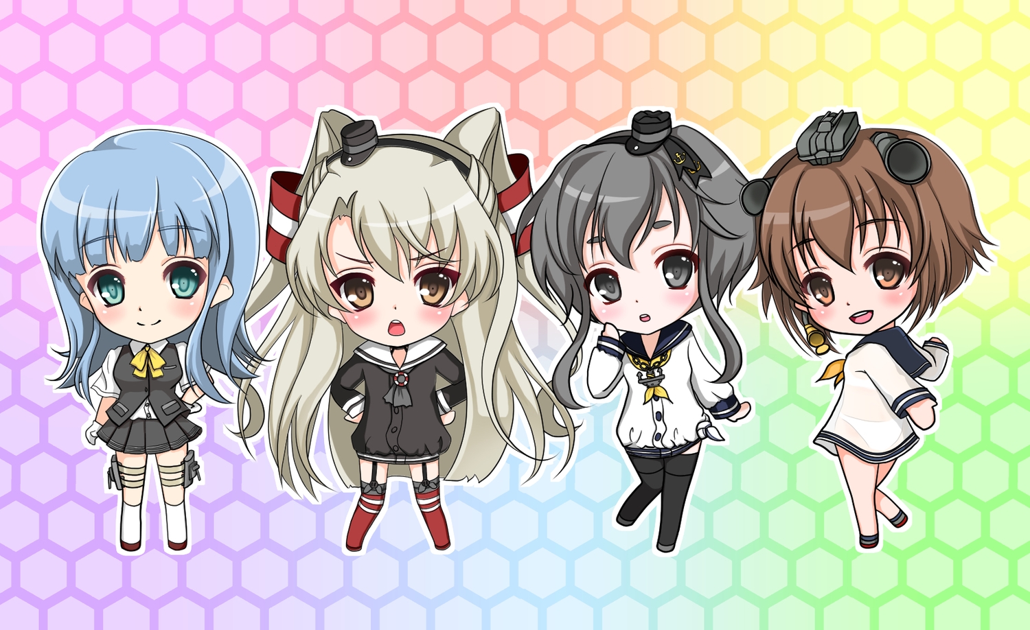 aliasing, amatsukaze_(kancolle), anthropomorphism, black_hair, blue_hair, blush, brown_eyes, chibi, gray_hair, green_eyes, group, hatsukaze_(kancolle), headband, kantai_collection, kojiro_d, long_hair, short_hair, skirt, thighhighs, tokitsukaze_(kancolle), twintails, yukikaze_(kancolle)