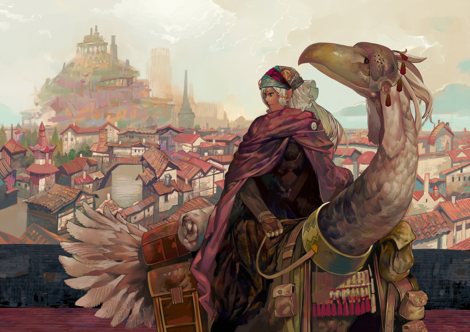 animal, bird, building, city, hat, long_hair, onion_(onion_and_pi-natto), original