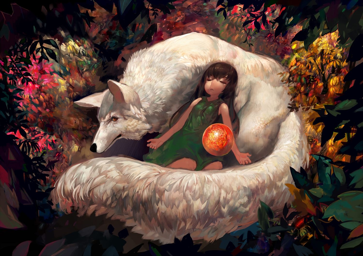 animal, brown_hair, dress, fox, leaves, long_hair, onion_(onion_and_pi-natto), orange_eyes