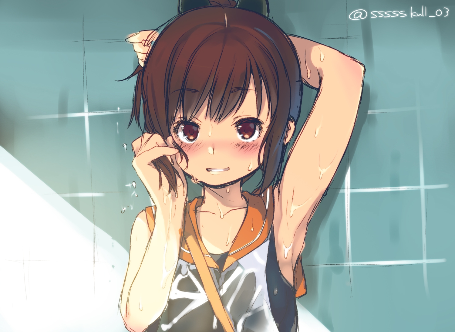 anthropomorphism, brown_eyes, brown_hair, dancho_(dancyo), i-401_(kancolle), kantai_collection, loli, school_swimsuit, school_uniform, short_hair, sketch, swimsuit, wet