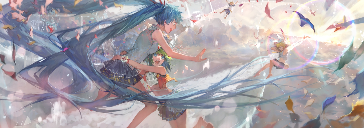 aircraft, aqua_hair, barefoot, blonde_hair, blue_eyes, dualscreen, green_hair, gumi, hatsune_miku, kagamine_len, kagamine_rin, long_hair, male, navel, short_hair, shorts, skirt, tang_elen, twintails, vocaloid, wristwear