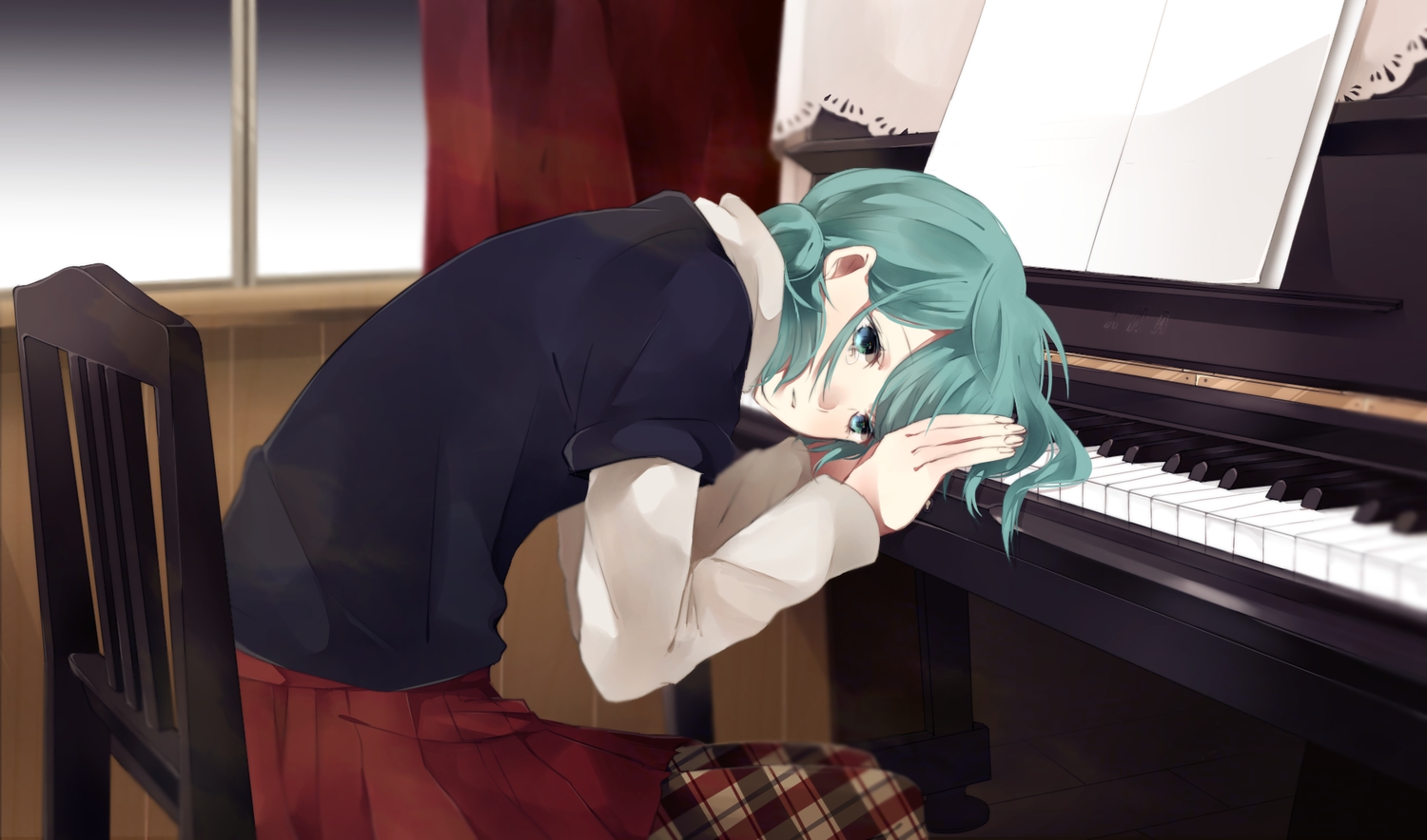 hachimitsu_honey, hatsune_miku, instrument, piano, tears, vocaloid