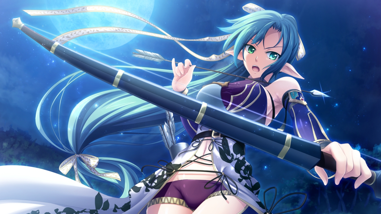 blue_hair, bow_(weapon), game_cg, long_hair, madou_koukaku, moon, night, pointed_ears