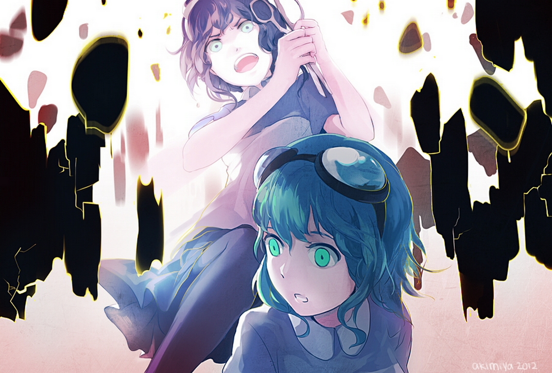 black_hair, goggles, green_eyes, green_hair, gumi, mosaic_roll_(vocaloid), pantyhose, short_hair