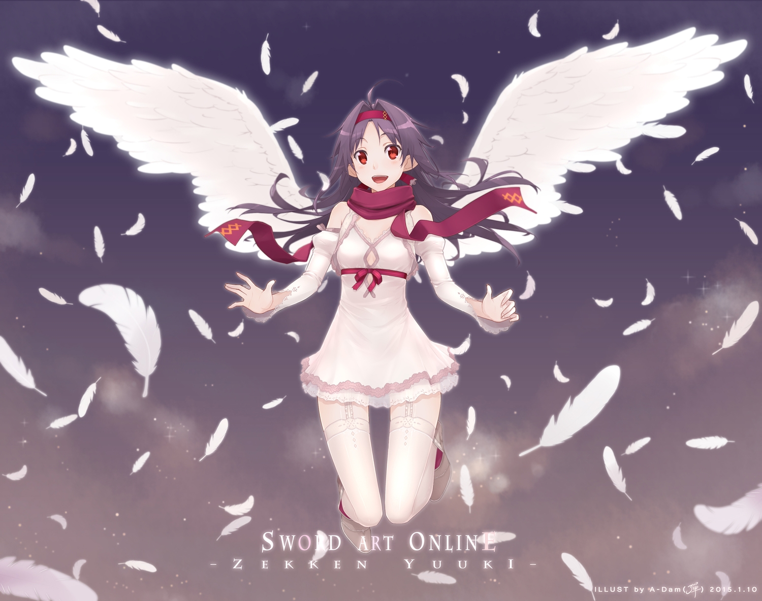 black_hair, dan_(kumadan), dress, feathers, konno_yuuki, long_hair, red_eyes, stockings