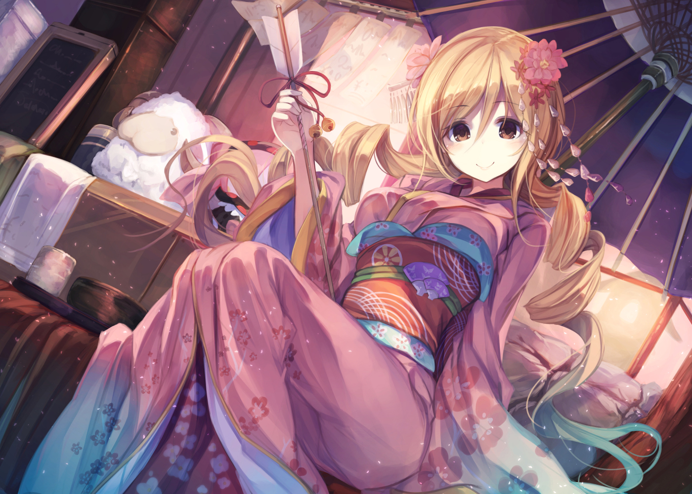 bell, blonde_hair, brown_eyes, fal_maro, flowers, japanese_clothes, kimono, long_hair