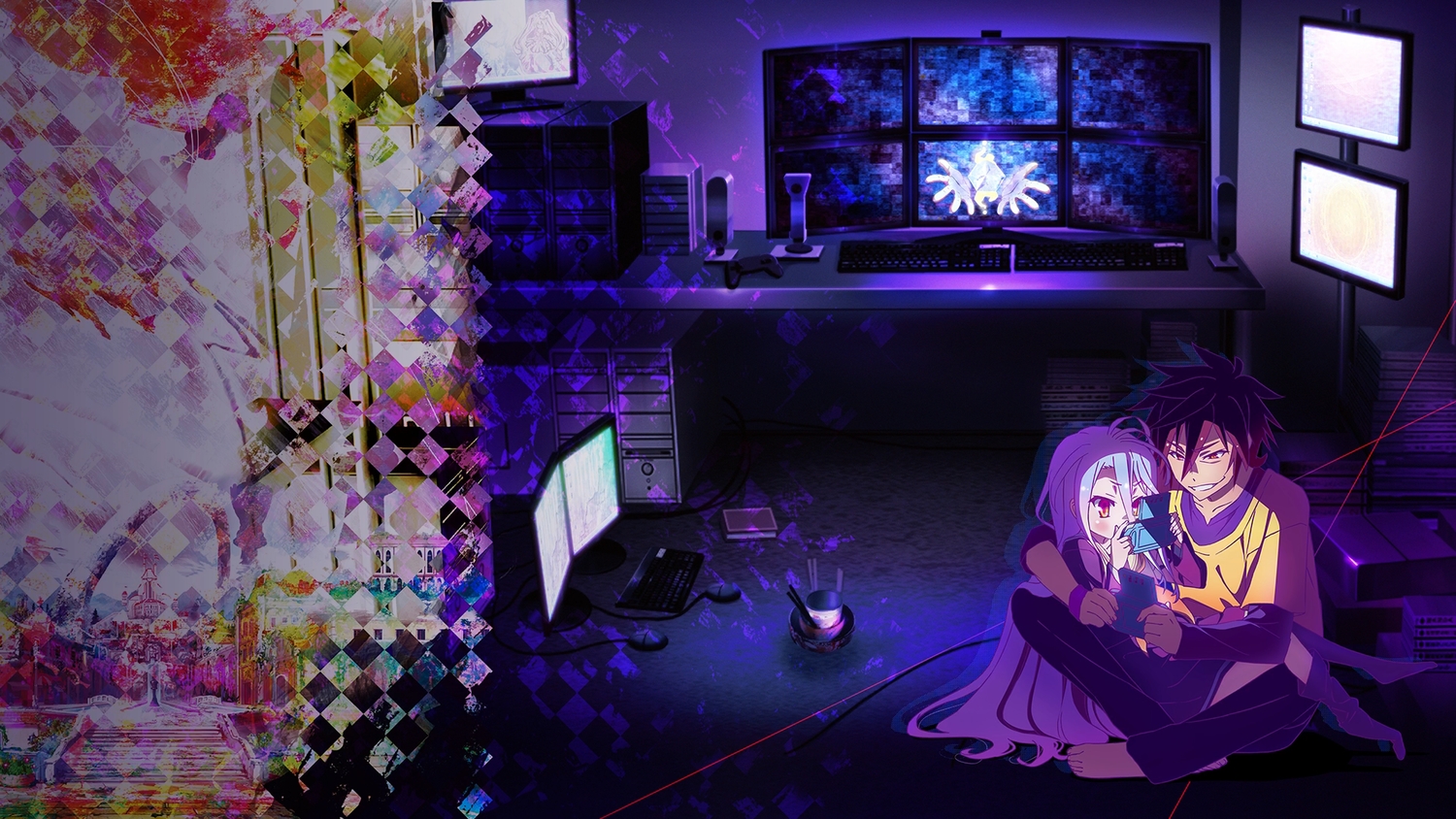 computer, game_console, loli, male, no_game_no_life, school_uniform, shiro_(no_game_no_life), sora_(no_game_no_life)