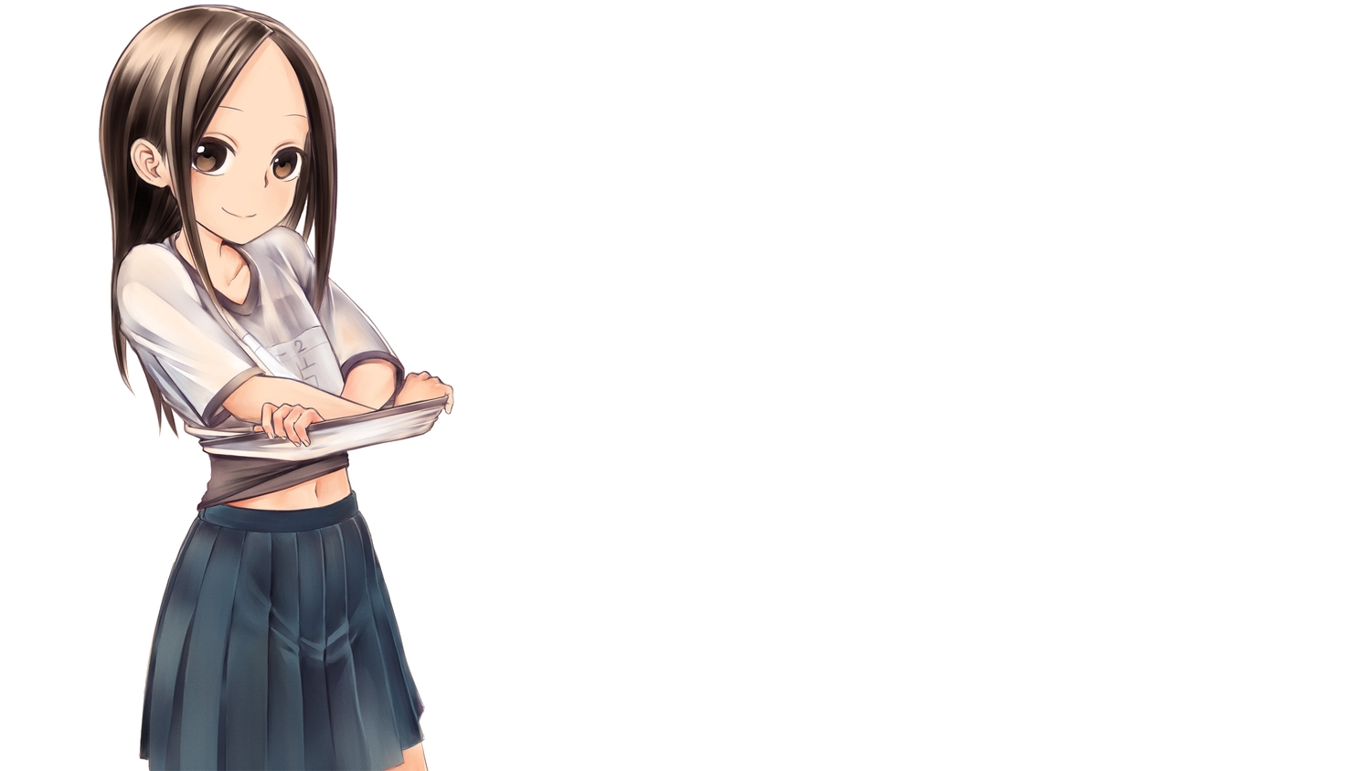brown_eyes, brown_hair, gym_uniform, karakai_jouzu_no_takagi-san, long_hair, navel, skirt, takagi-san