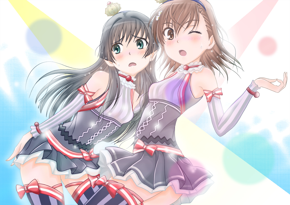 2girls, black_hair, blush, brown_eyes, brown_hair, collar, green_eyes, headband