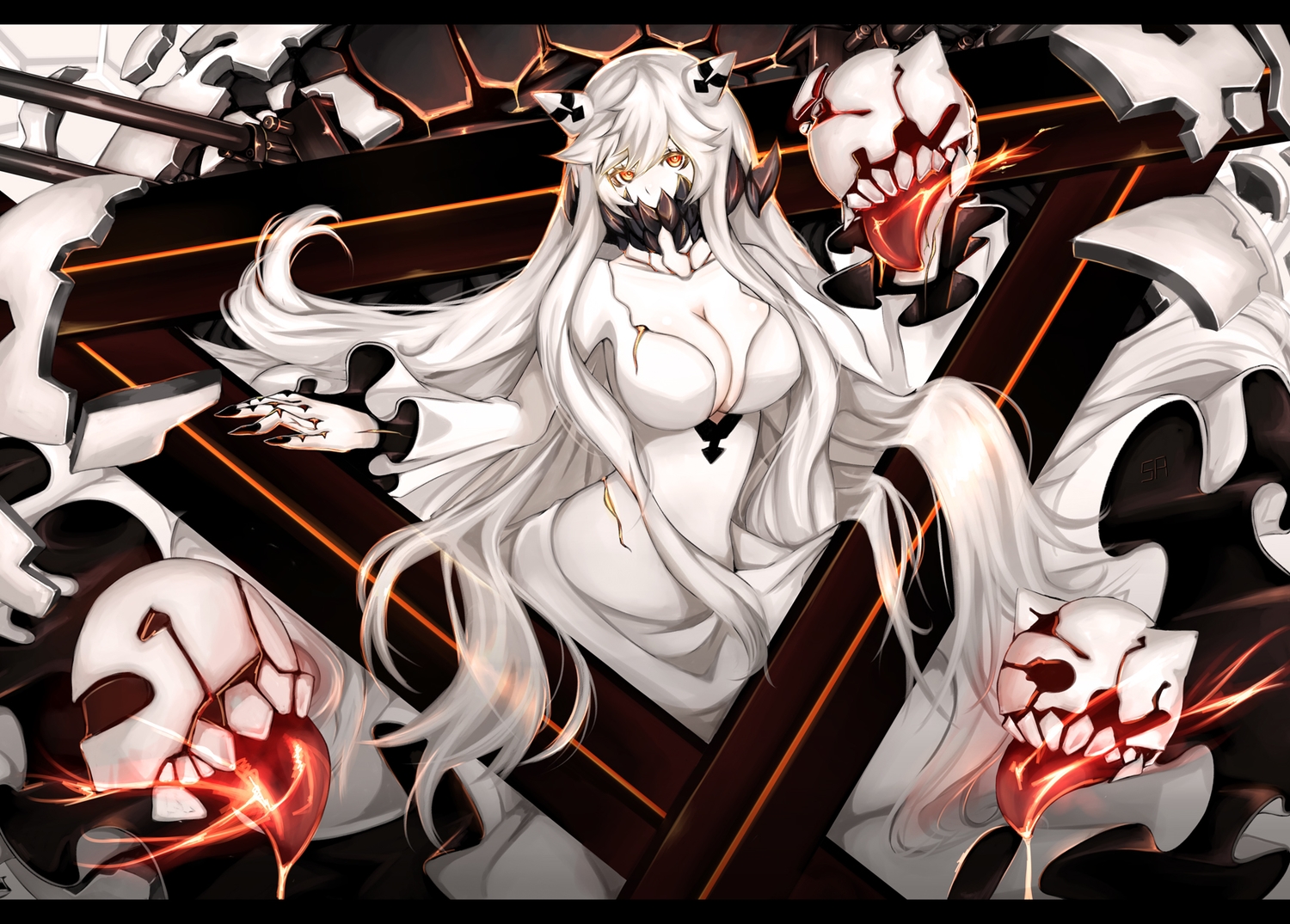 anthropomorphism, breasts, cleavage, dress, essagna, horns, kantai_collection, long_hair, midway_hime, orange_eyes, white_hair