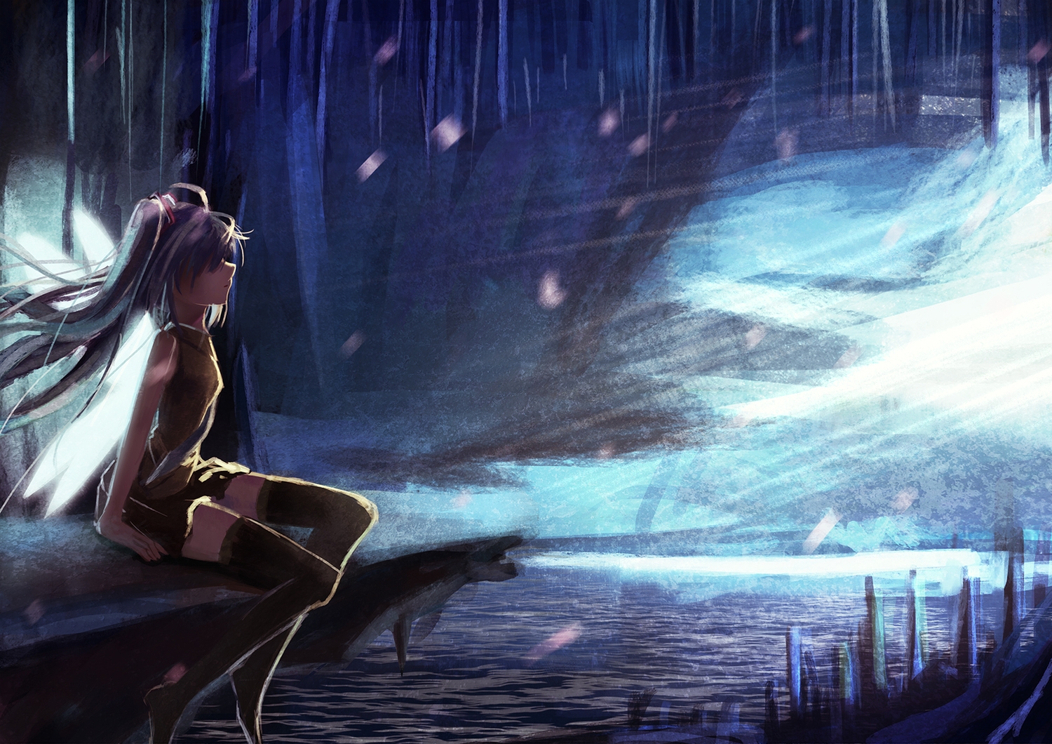 hatsune_miku, long_hair, thighhighs, tianya_beiming, vocaloid, water