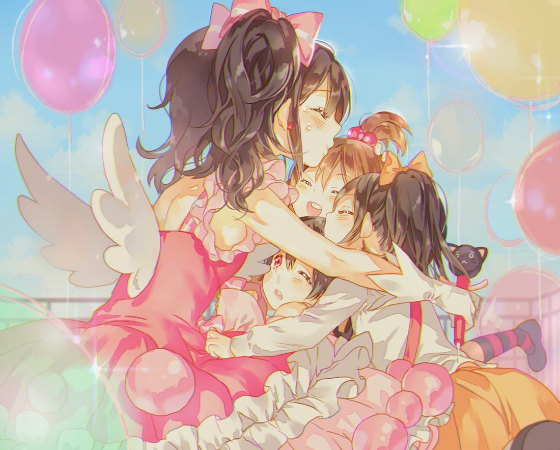 black_hair, bow, brown_hair, dress, hoshii_hisa, love_live!_school_idol_project, red_eyes, tears, twintails, wings, wink, yazawa_kotarou, yazawa_nico
