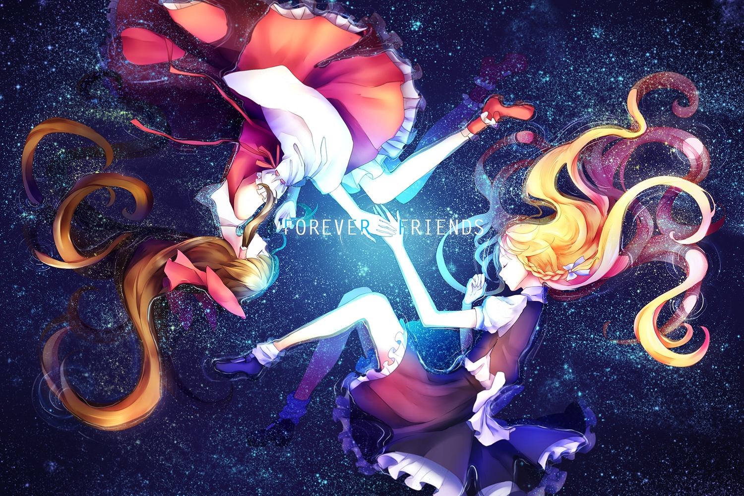 2girls, blonde_hair, bow, braids, brown_hair, hakurei_reimu, japanese_clothes, kirisame_marisa