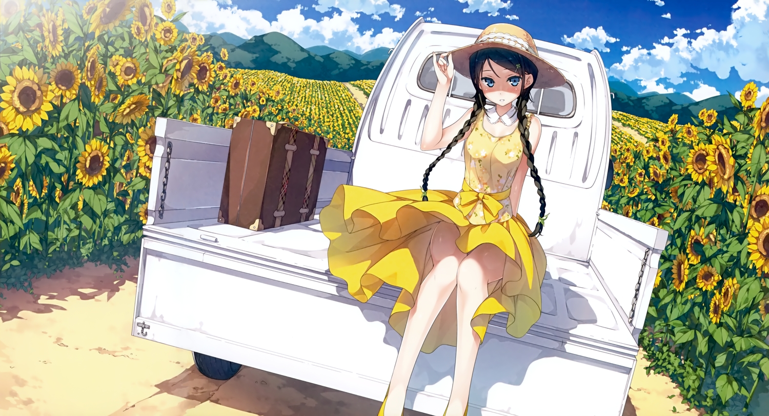 5_nenme_no_houkago, black_hair, braids, dress, flowers, hat, kantoku, long_hair, miyaguchi_hiromi, original, scan, summer_dress, sunflower