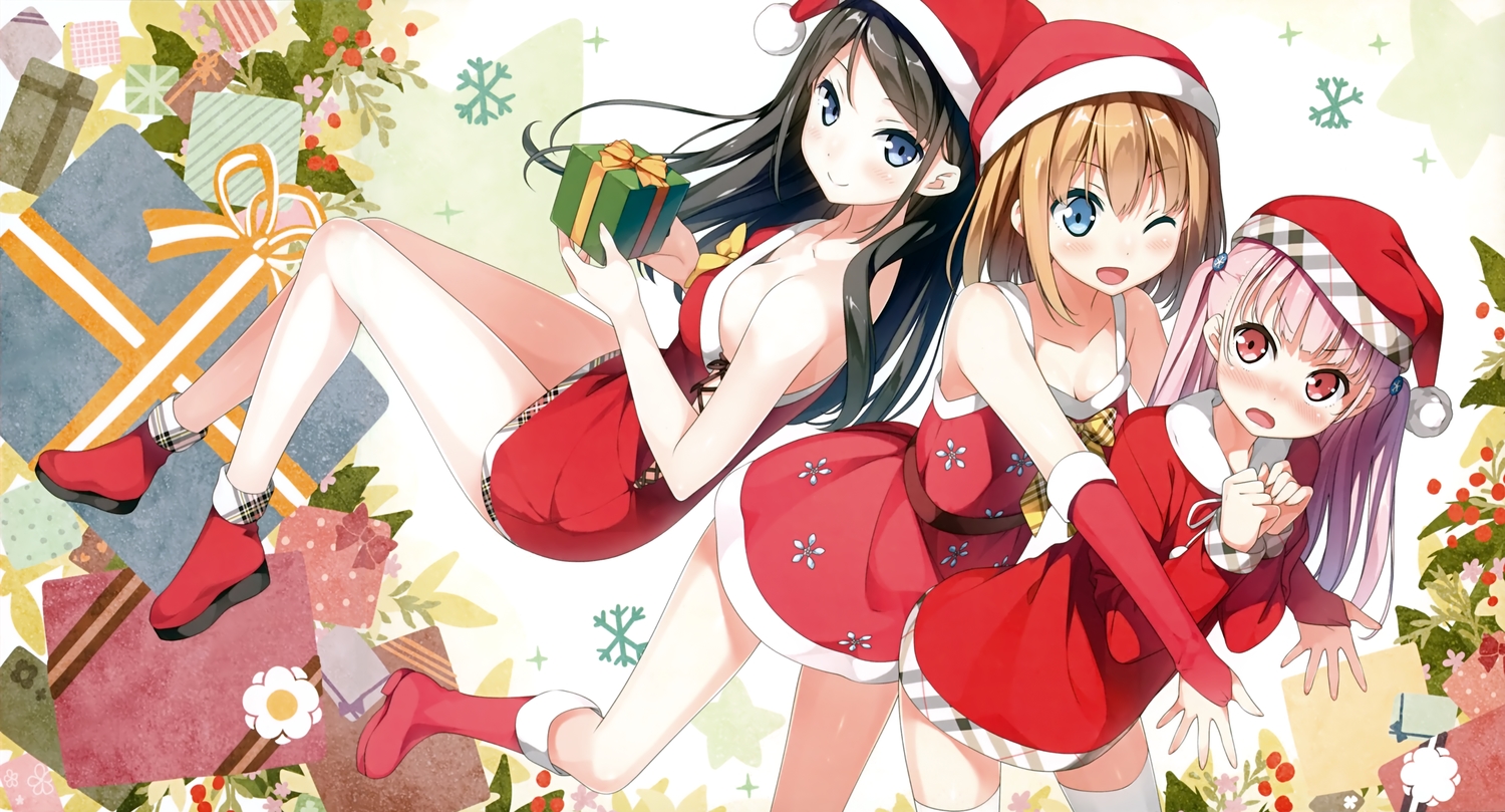5_nenme_no_houkago, black_hair, blue_eyes, blush, boots, breasts, christmas, cleavage, dress, hat, kantoku, miyaguchi_hiromi, miyaguchi_kanna, miyaguchi_kei, original, pink_hair, red_eyes, santa_costume, santa_hat, scan, thighhighs