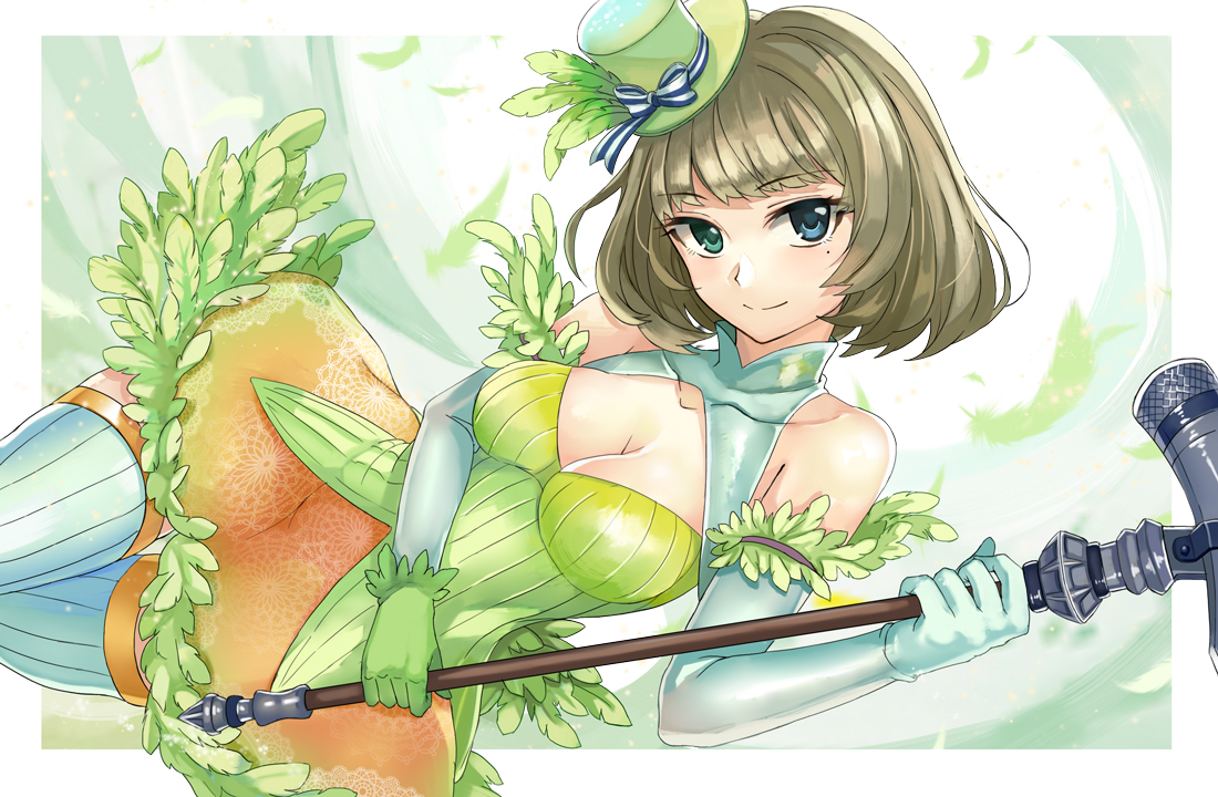 ashita_(2010), bicolored_eyes, breasts, brown_hair, cleavage, elbow_gloves, feathers, gloves, hat, idolmaster, idolmaster_cinderella_girls, microphone, short_hair, takagaki_kaede