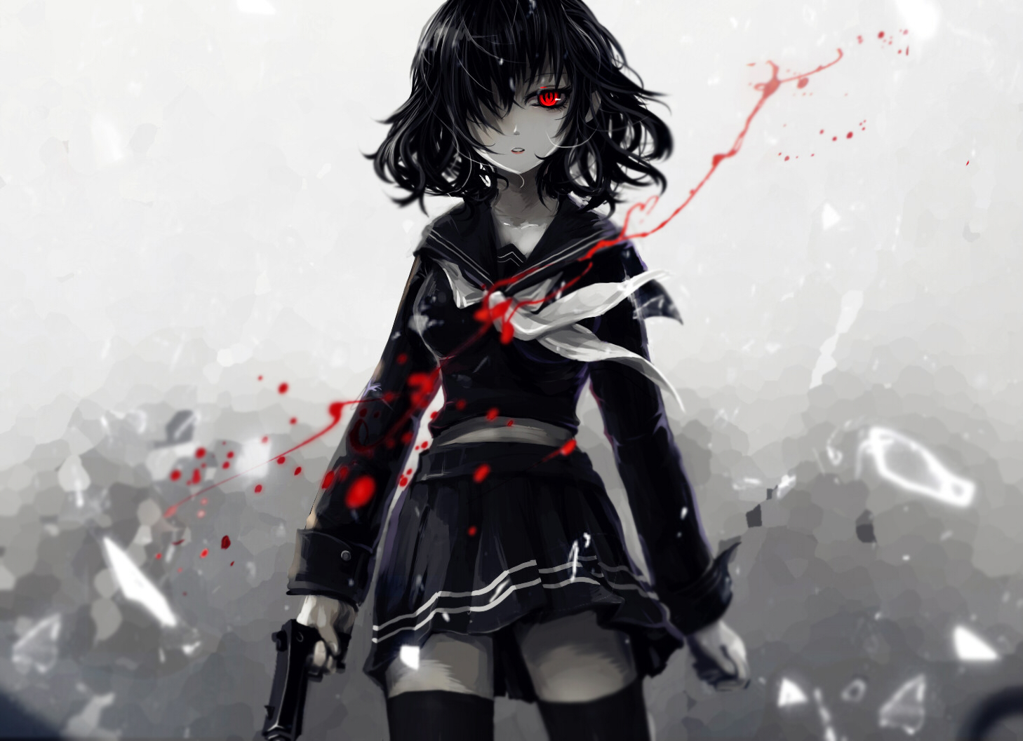 aoiakamaou, black_hair, blood, gun, monochrome, original, red_eyes, school_uniform, short_hair, skirt, thighhighs, weapon, zettai_ryouiki