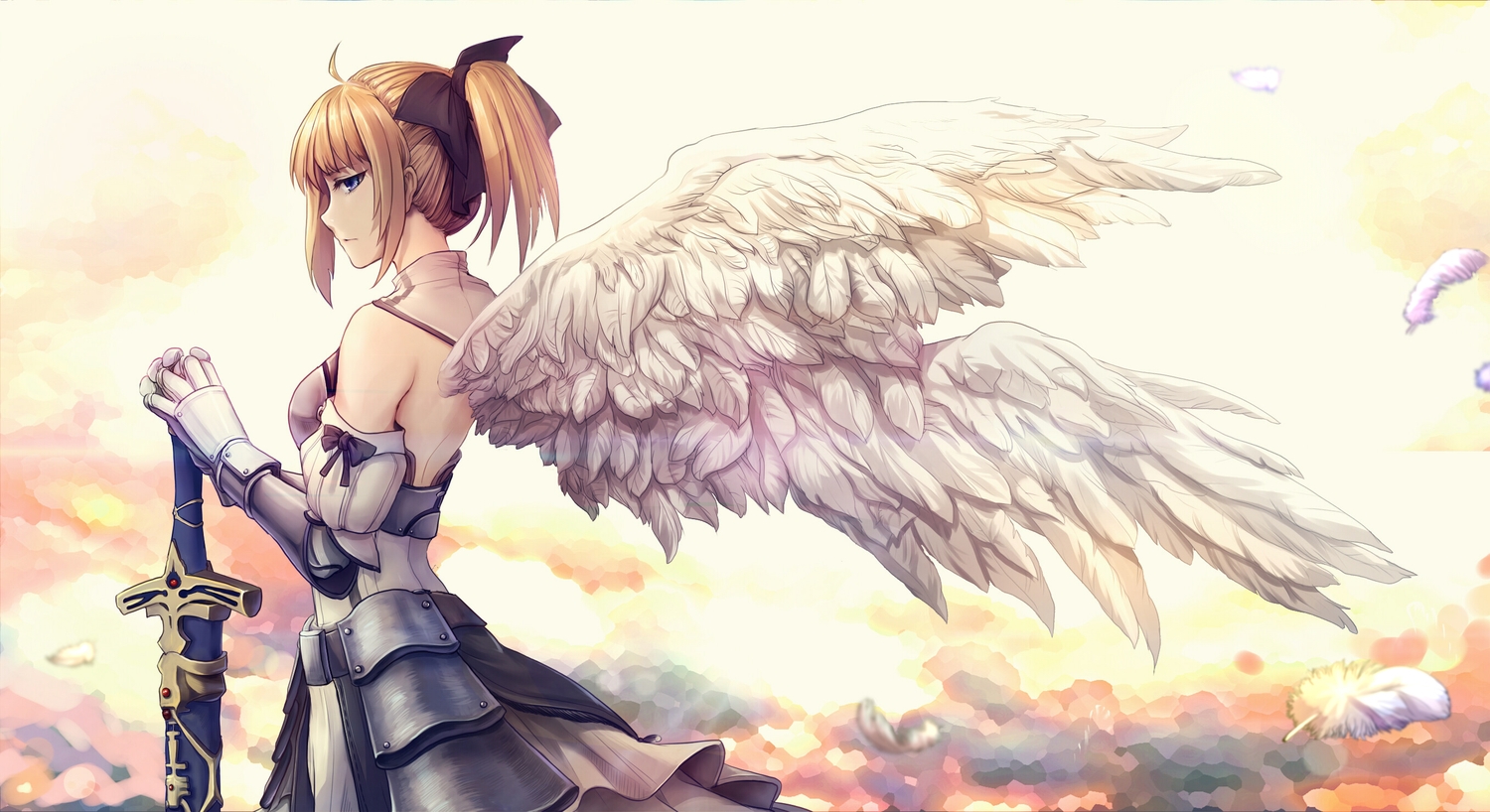 aoiakamaou, armor, artoria_pendragon_(all), blonde_hair, blue_eyes, dress, fate_(series), fate/unlimited_codes, feathers, ponytail, saber, saber_lily, sword, weapon, wings