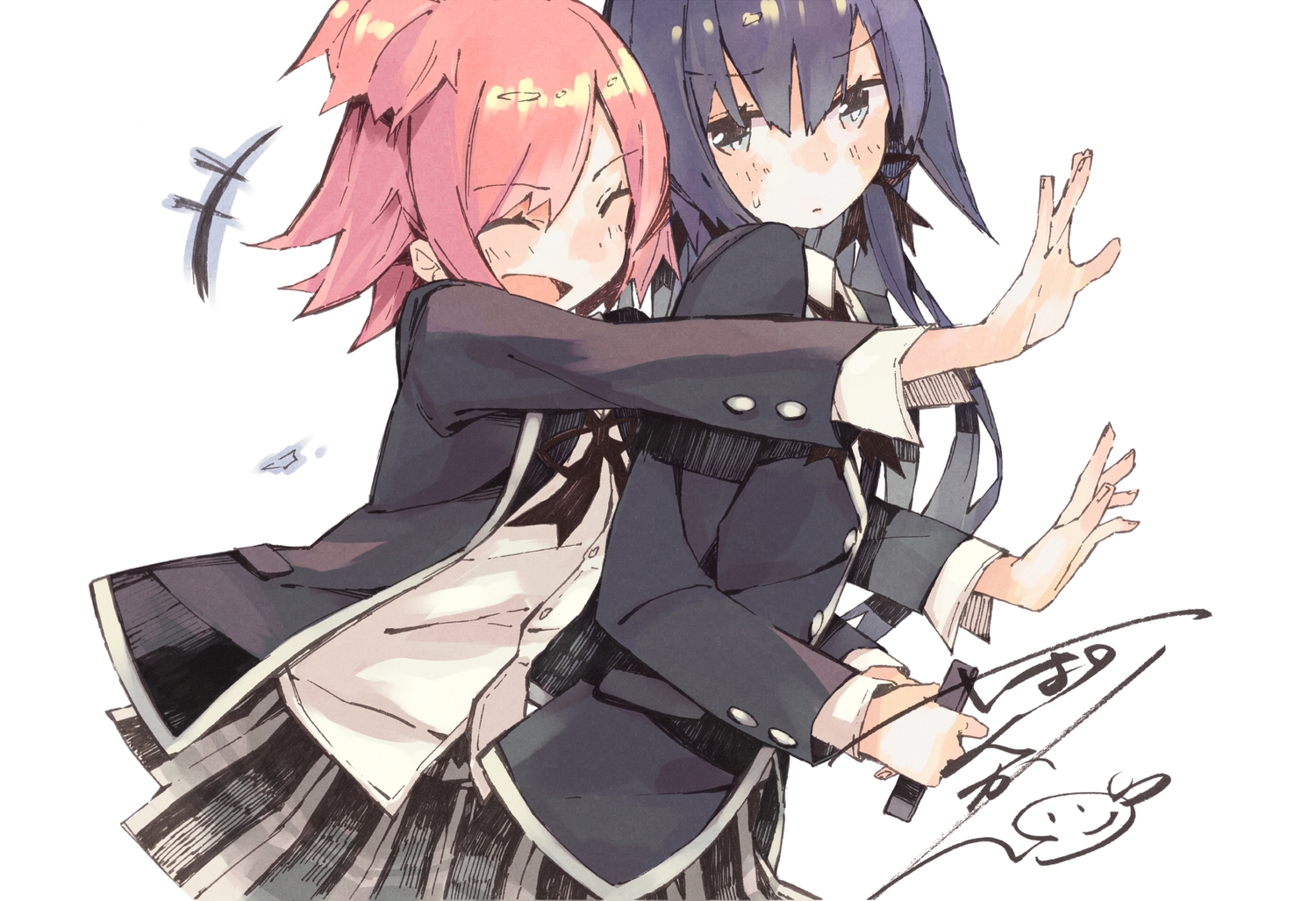 2girls, black_hair, blush, hug, long_hair, pink_hair, ponkan_eight, ribbons, school_uniform, short_hair, sketch, skirt, yahari_ore_no_seishun_love_come_wa_machigatteiru., yuigahama_yui, yukinoshita_yukino