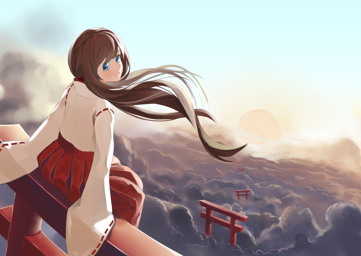 blue_eyes, brown_hair, clouds, hitotose_hirune, japanese_clothes, long_hair, miko, original, sky, torii