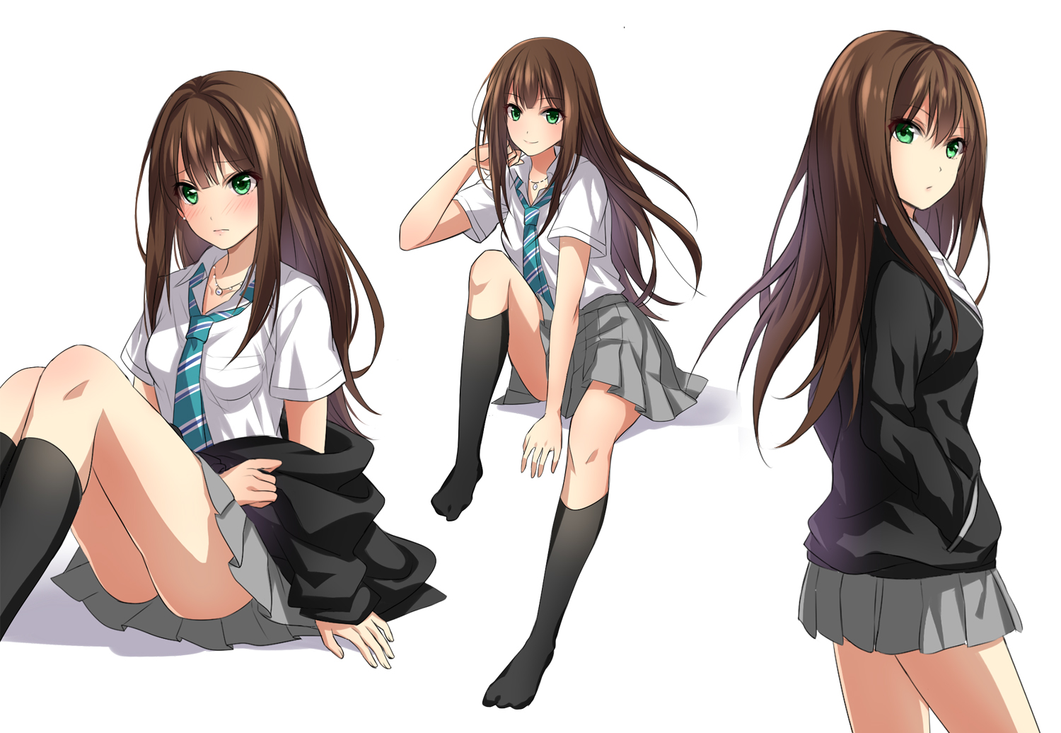 althea_(sakiya0000), brown_hair, green_eyes, idolmaster, idolmaster_cinderella_girls, kneehighs, long_hair, necklace, school_uniform, shibuya_rin, shirt, skirt, tie