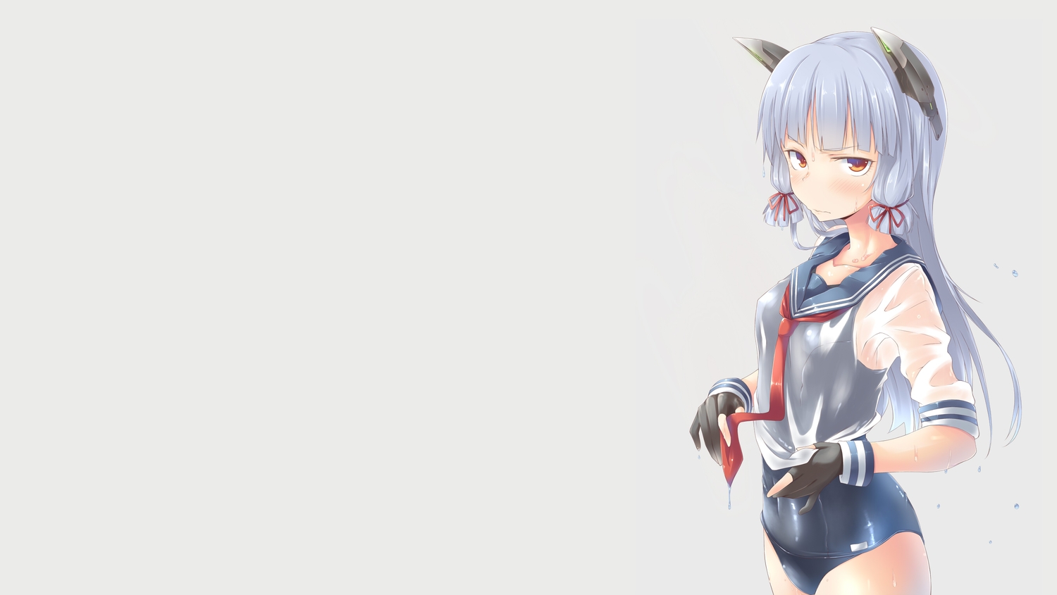 aliasing, anthropomorphism, blush, gloves, kantai_collection, long_hair, murakumo_(kancolle), orange_eyes, school_swimsuit, school_uniform, see_through, spirytus_tarou, swimsuit