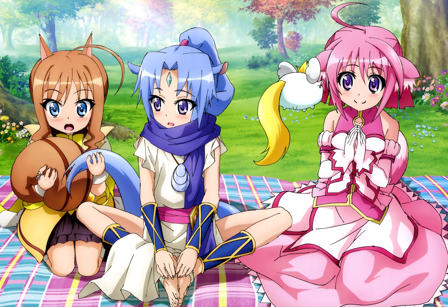 animal_ears, barefoot, blue_eyes, blue_hair, blush, brown_hair, dog_days, doggirl, flat_chest, gloves, kuberu_e_pastillage, long_hair, millhiore_f_biscotti, nyantype, pink_hair, ponytail, purple_eyes, scan, sharu_(dog_days), short_hair, tail
