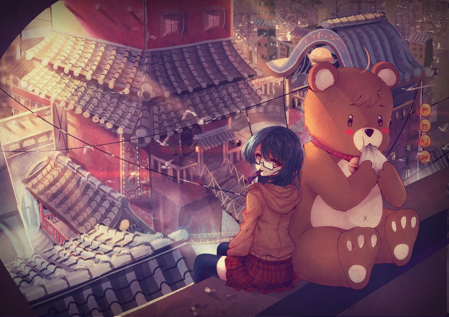 bell, black_hair, building, city, daikazoku63, glasses, original, red_eyes, skirt, teddy_bear, thighhighs