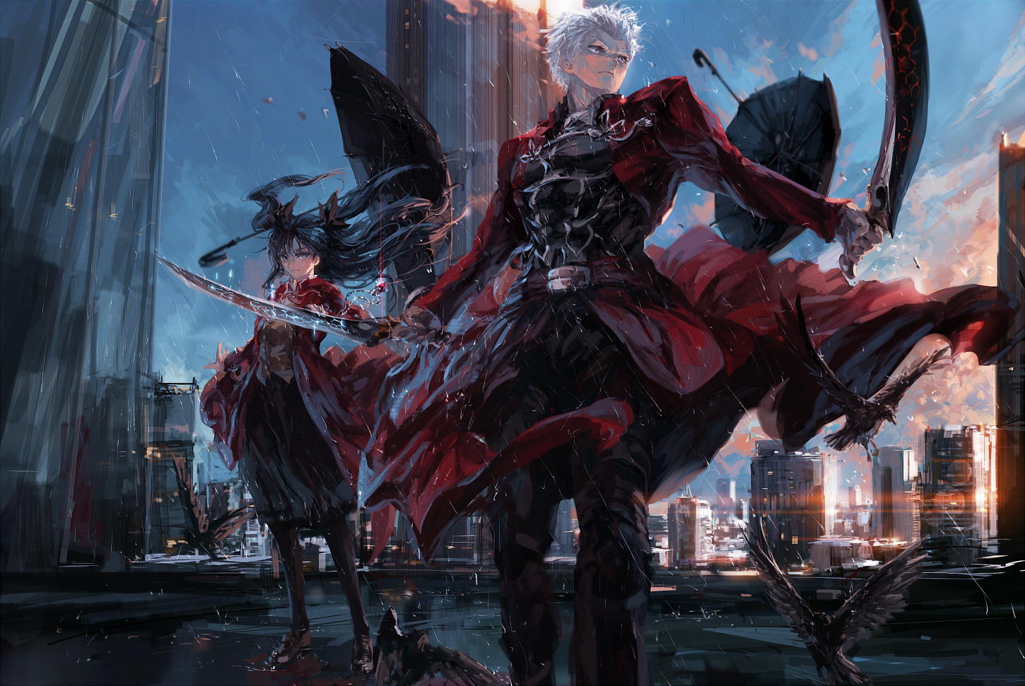 animal, archer, bird, black_hair, building, cape, city, fate_(series), fate/stay_night, long_hair, male, rain, short_hair, skirt, stu_dts, sword, tohsaka_rin, umbrella, water, weapon, white_hair