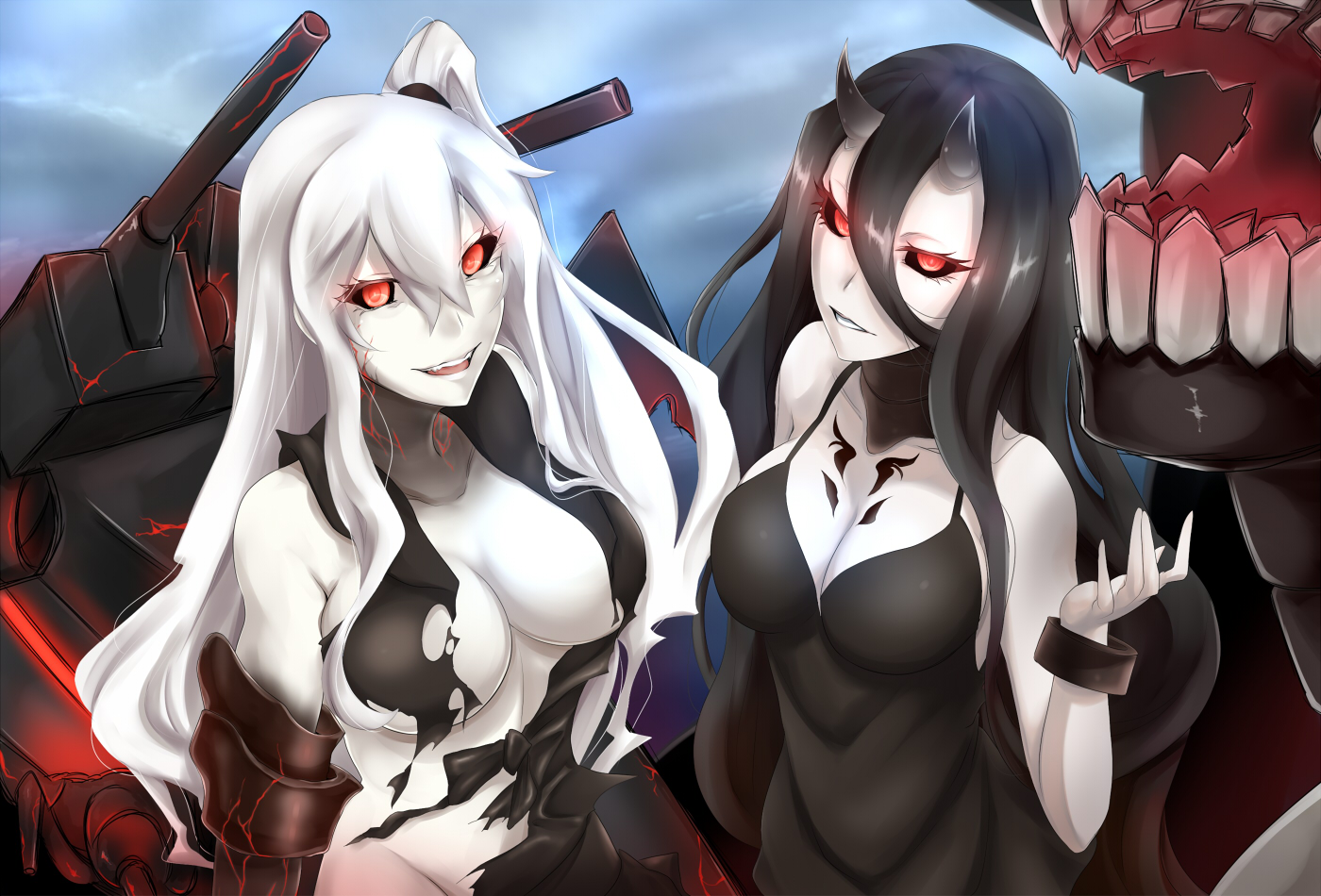 2girls, aircraft_carrier_hime, anthropomorphism, battleship_hime, black_hair, breasts, cleavage, dress, horns, kantai_collection, long_hair, red_eyes, torn_clothes, white_hair, wristwear, yukiru_akitera