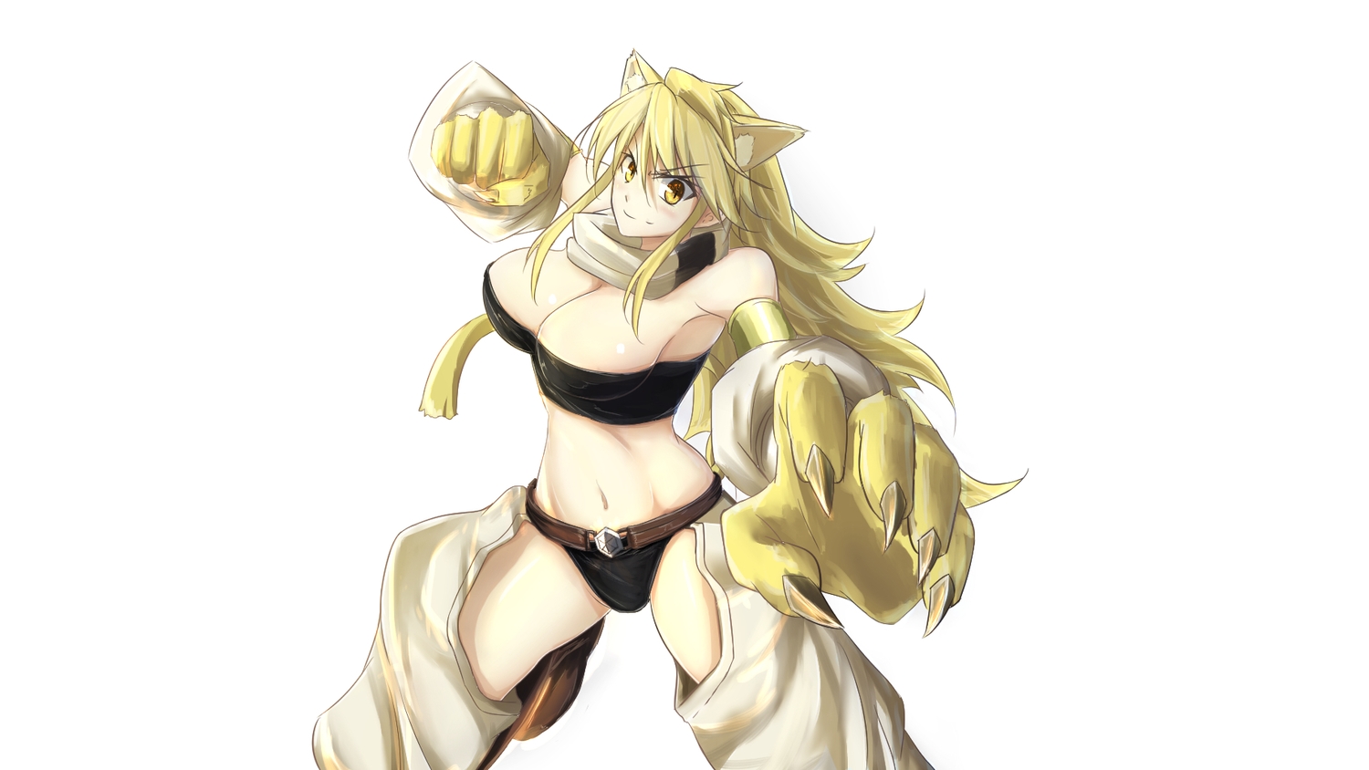 akame_ga_kill!, animal_ears, blonde_hair, breasts, catgirl, cleavage, karoro3rd, leone, long_hair, navel, scarf, white, yellow_eyes
