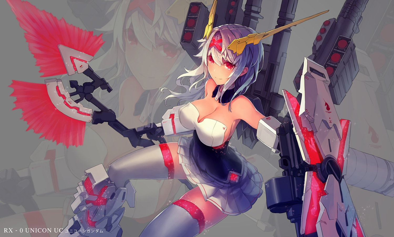anthropomorphism, breasts, choker, cleavage, felix_(felix901123), long_hair, mechagirl, mobile_suit_gundam, mobile_suit_gundam_unicorn, red_eyes, skirt, thighhighs, weapon, white_hair, zoom_layer