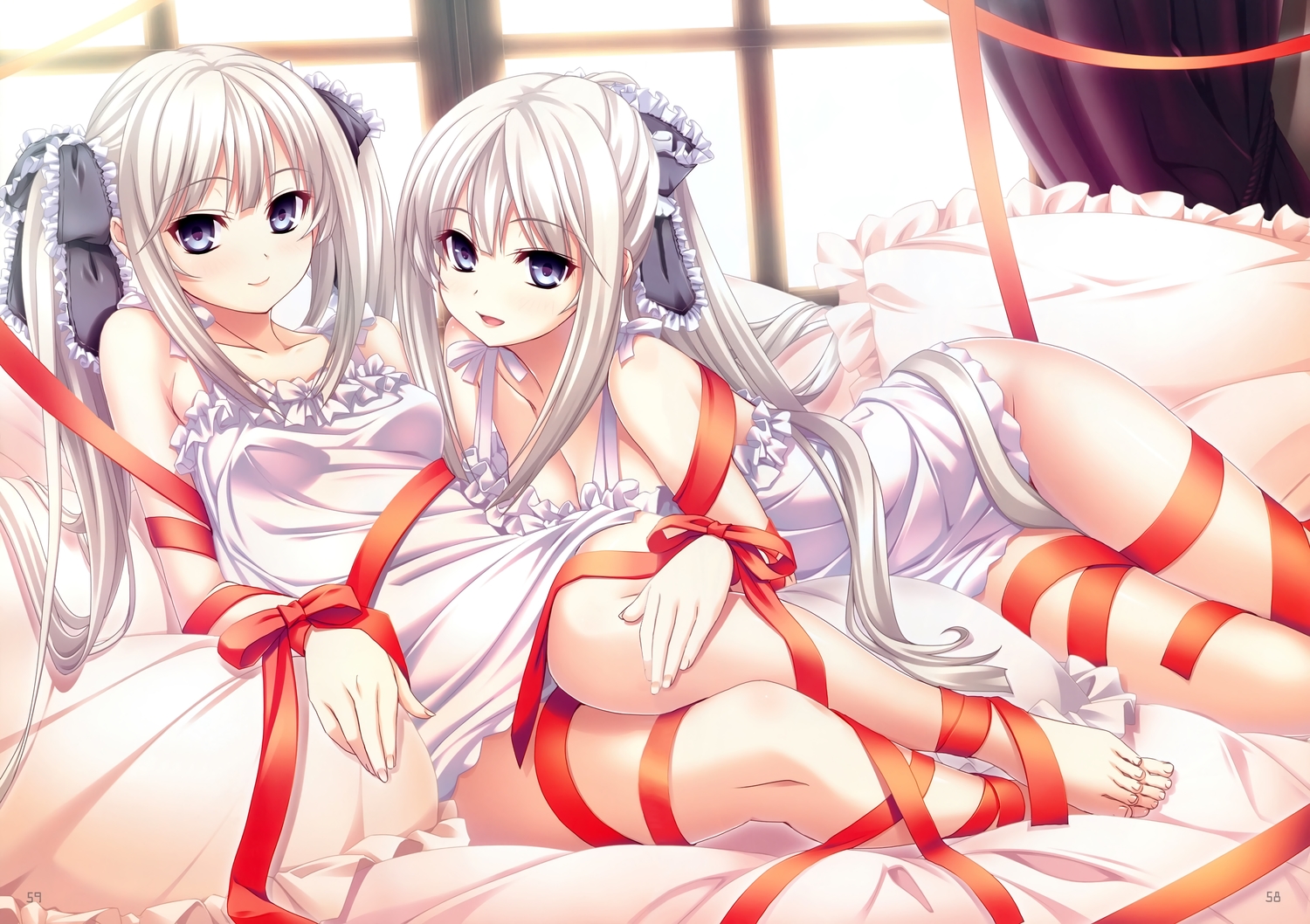 2girls, bed, kannatsuki_noboru, ribbons, scan, sousouki_reginald, twins, vanessa_twanbach, veronica_twanbach