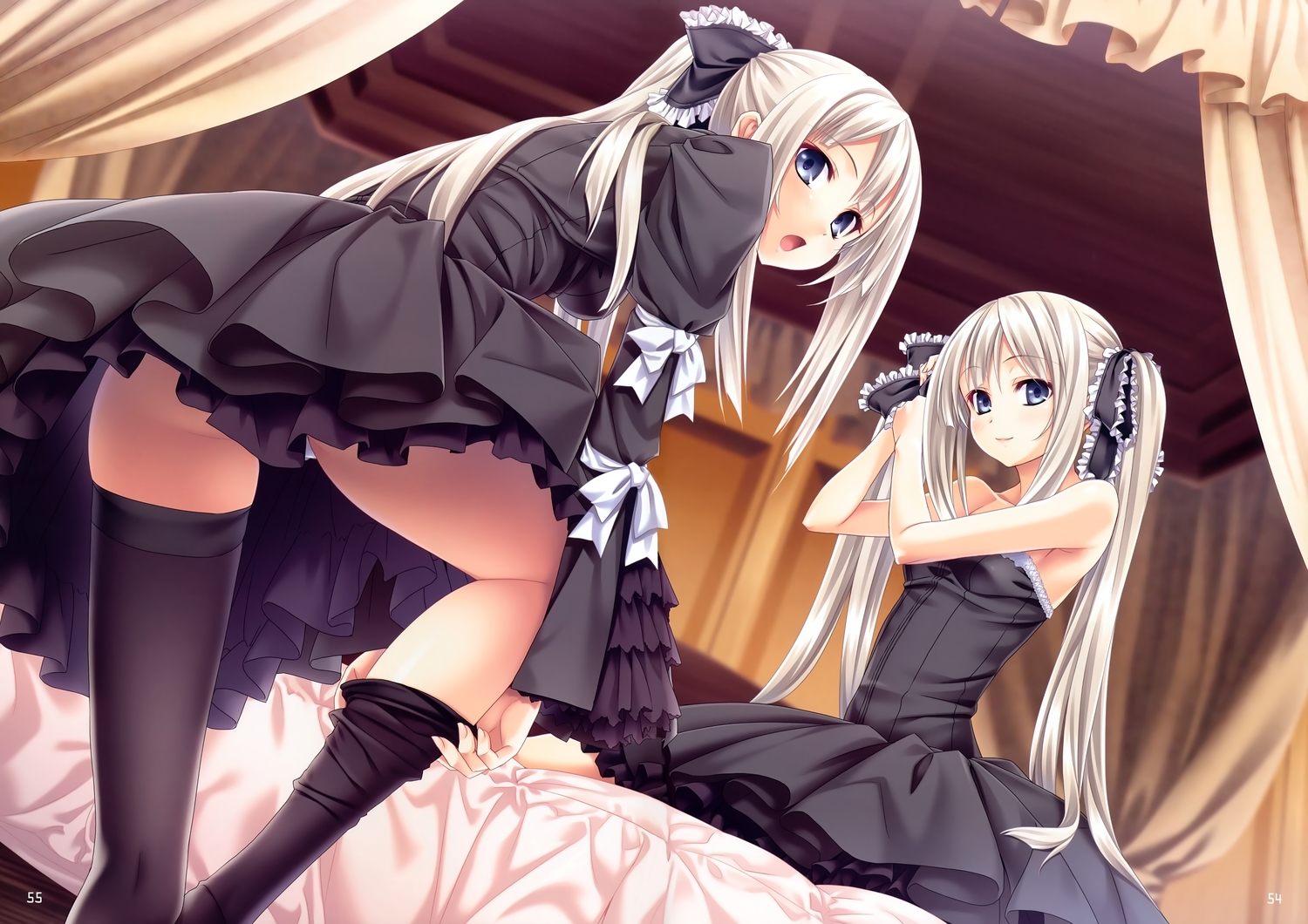 2girls, bed, blonde_hair, blue_eyes, bow, dress, kannatsuki_noboru, long_hair, ponytail, scan, sousouki_reginald, thighhighs, twins, twintails, vanessa_twanbach, veronica_twanbach