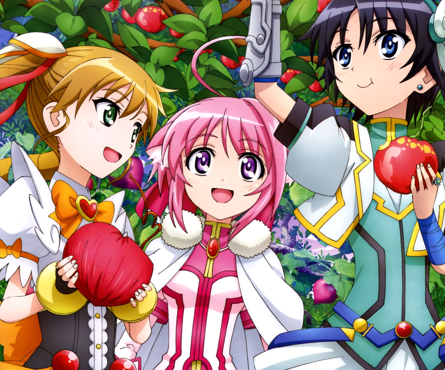 black_hair, blue_eyes, brown_hair, dog_days, food, gloves, green_eyes, iino_makoto