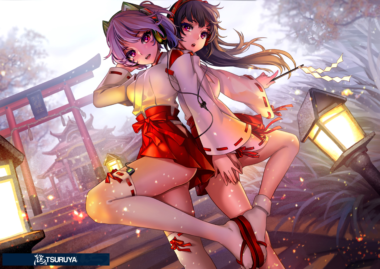 2girls, animal_ears, as109, black_hair, headphones, japanese_clothes, long_hair, miko, original, pink_eyes, purple_hair, short_hair, shrine, skirt, socks, stairs, thighhighs, torii, translation_request