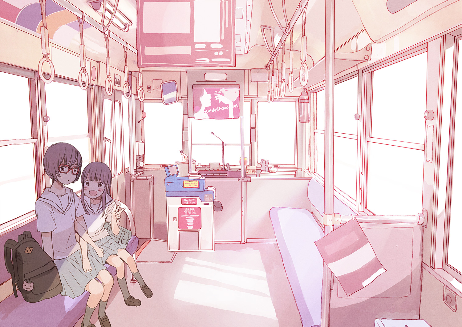 2girls, blush, original, pink, school_uniform, skirt, socks, train