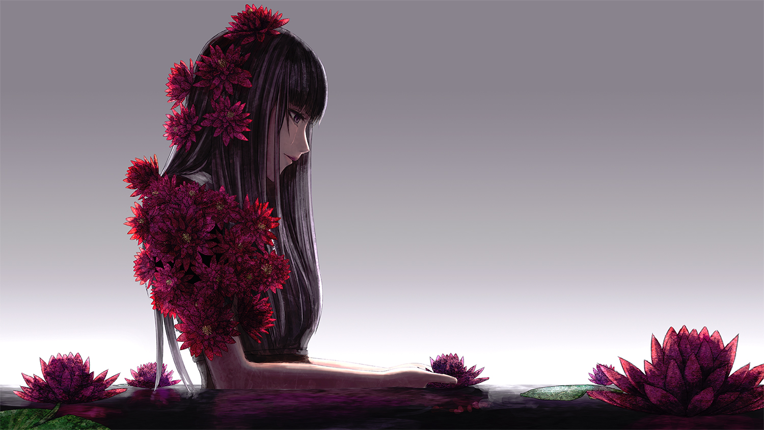 black_hair, flowers, leaves, menka, original, pink_eyes, water