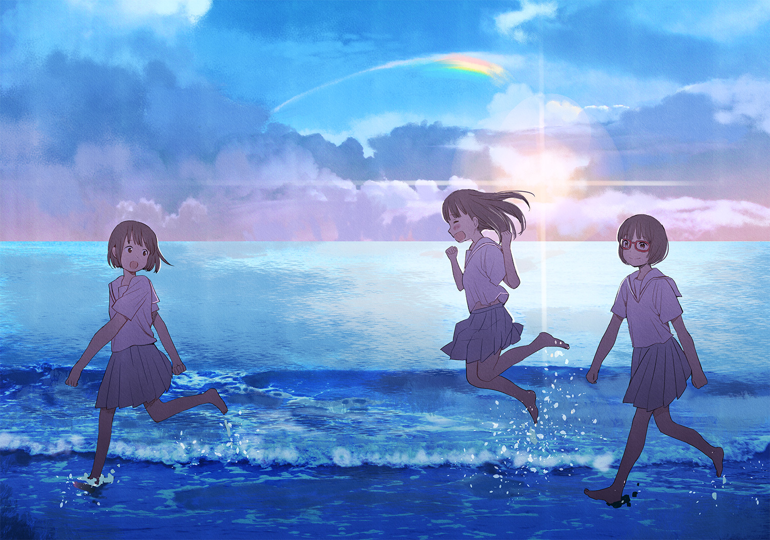 barefoot, brown_hair, clouds, glasses, original, school_uniform, short_hair, skirt, sky, water, yuu_(plasm)
