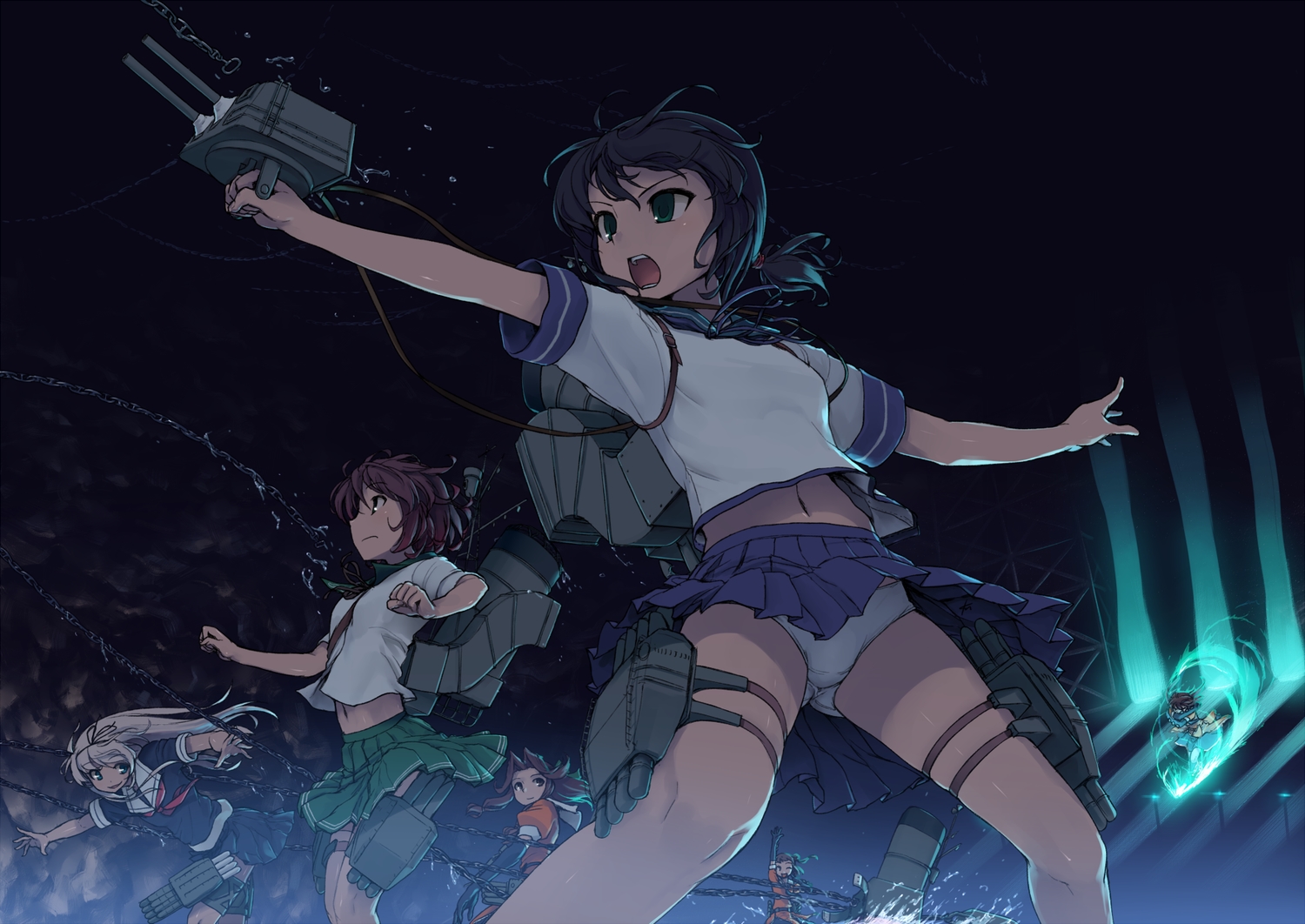 anthropomorphism, chain, ebizome, fubuki_(kancolle), jintsuu_(kancolle), kantai_collection, long_hair, mutsuki_(kancolle)