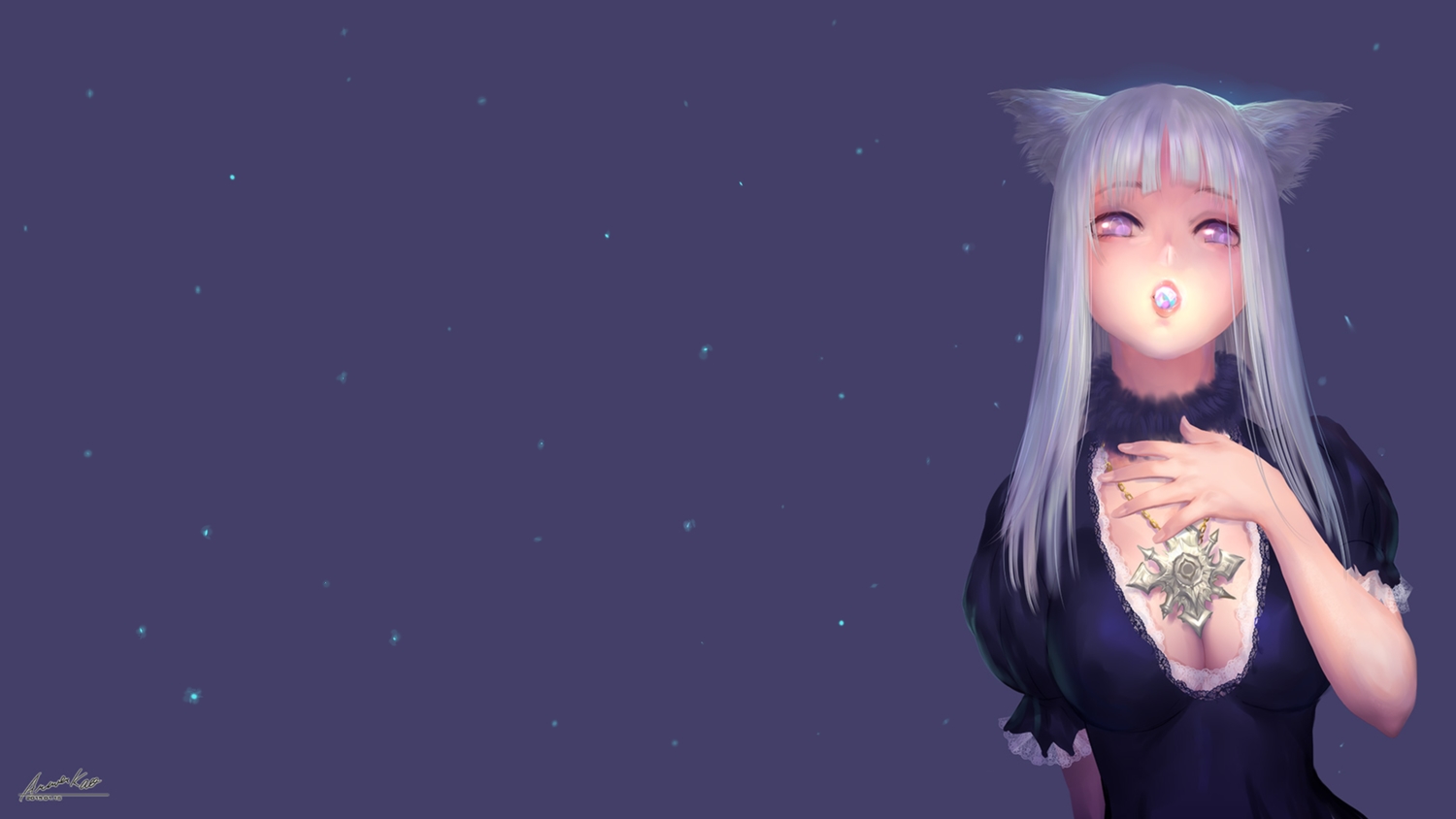 animal_ears, ariverkao, breasts, catgirl, cleavage, gray_hair, long_hair, original, purple, purple_eyes