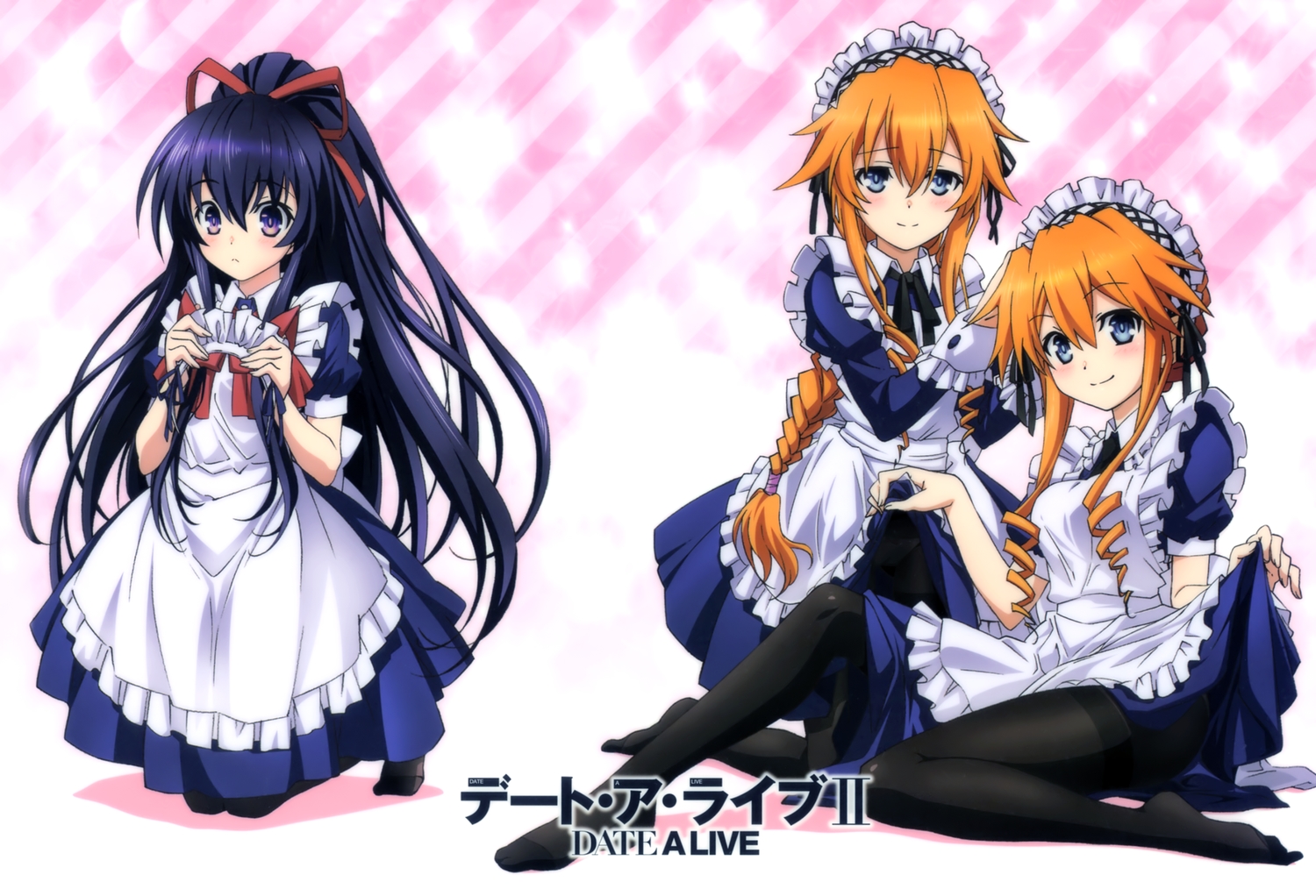 black_hair, blue_eyes, braids, date_a_live, ishino_satoshi, long_hair, maid, orange_hair, pantyhose, purple_eyes, scan, skirt, skirt_lift, yamai_kaguya, yamai_yuzuru, yatogami_tohka