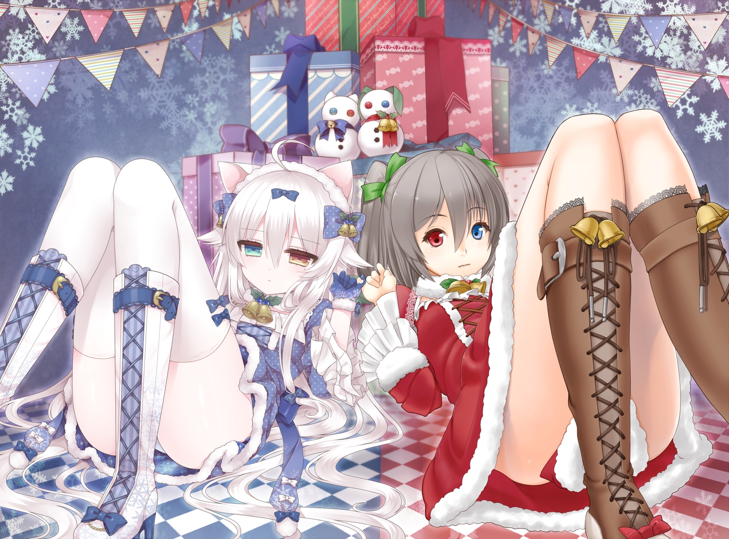 2girls, animal_ears, aqua_eyes, bell, bicolored_eyes, boots, bow, catgirl, choker, christmas, gloves, gray_hair, lolita_fashion, long_hair, original, thighhighs, tsukikage_nemu, twintails, white_hair